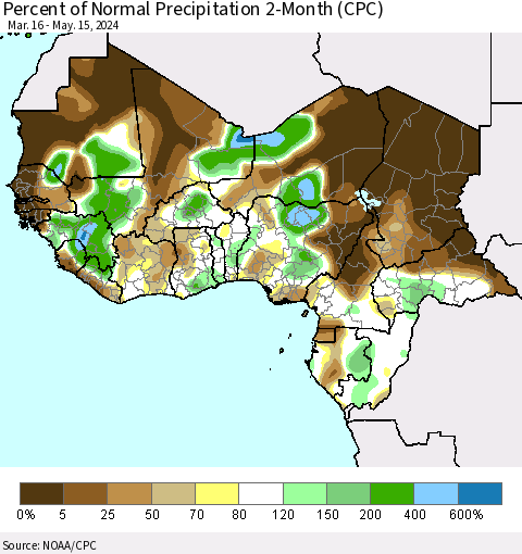 Western Africa Percent of Normal Precipitation 2-Month (CPC) Thematic Map For 3/16/2024 - 5/15/2024