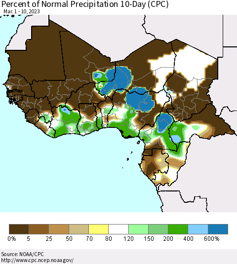 Western Africa Percent of Normal Precipitation 10-Day (CPC) Thematic Map For 3/1/2023 - 3/10/2023