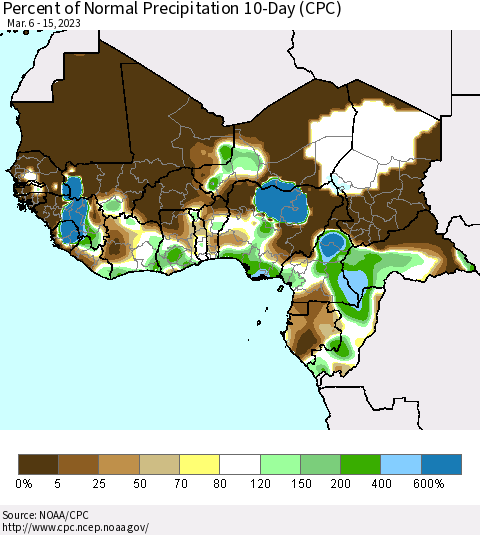 Western Africa Percent of Normal Precipitation 10-Day (CPC) Thematic Map For 3/6/2023 - 3/15/2023