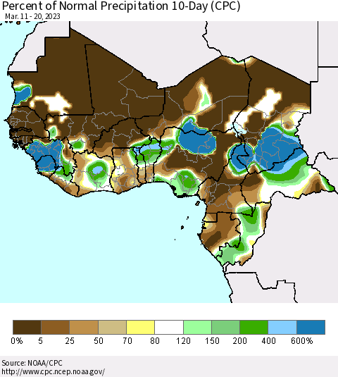 Western Africa Percent of Normal Precipitation 10-Day (CPC) Thematic Map For 3/11/2023 - 3/20/2023