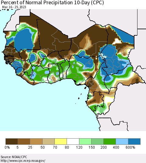 Western Africa Percent of Normal Precipitation 10-Day (CPC) Thematic Map For 3/16/2023 - 3/25/2023