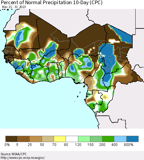 Western Africa Percent of Normal Precipitation 10-Day (CPC) Thematic Map For 3/21/2023 - 3/31/2023