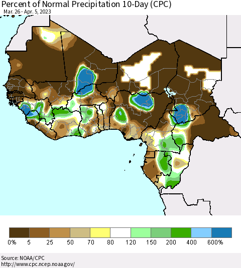 Western Africa Percent of Normal Precipitation 10-Day (CPC) Thematic Map For 3/26/2023 - 4/5/2023