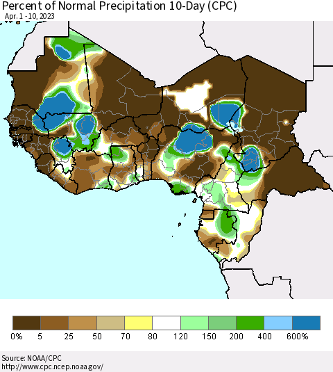 Western Africa Percent of Normal Precipitation 10-Day (CPC) Thematic Map For 4/1/2023 - 4/10/2023
