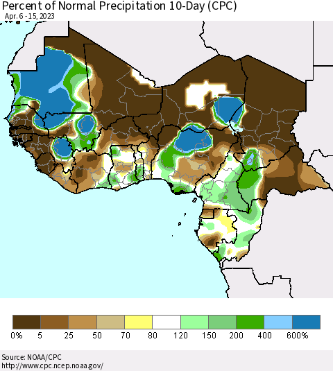 Western Africa Percent of Normal Precipitation 10-Day (CPC) Thematic Map For 4/6/2023 - 4/15/2023