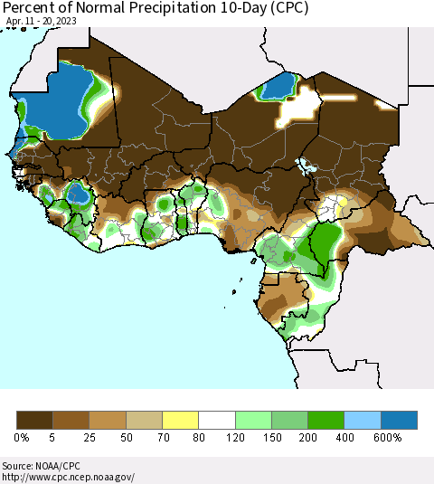 Western Africa Percent of Normal Precipitation 10-Day (CPC) Thematic Map For 4/11/2023 - 4/20/2023