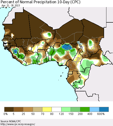 Western Africa Percent of Normal Precipitation 10-Day (CPC) Thematic Map For 4/21/2023 - 4/30/2023