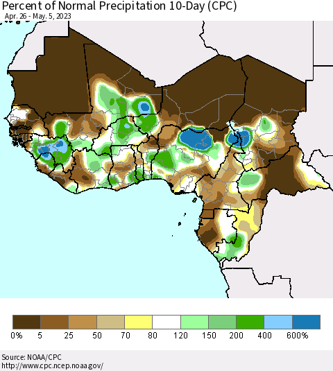 Western Africa Percent of Normal Precipitation 10-Day (CPC) Thematic Map For 4/26/2023 - 5/5/2023