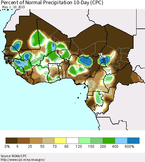 Western Africa Percent of Normal Precipitation 10-Day (CPC) Thematic Map For 5/1/2023 - 5/10/2023
