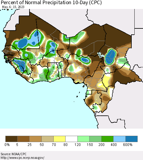 Western Africa Percent of Normal Precipitation 10-Day (CPC) Thematic Map For 5/6/2023 - 5/15/2023