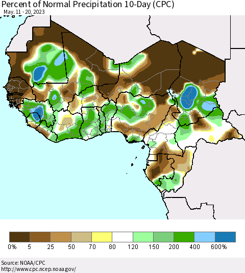 Western Africa Percent of Normal Precipitation 10-Day (CPC) Thematic Map For 5/11/2023 - 5/20/2023