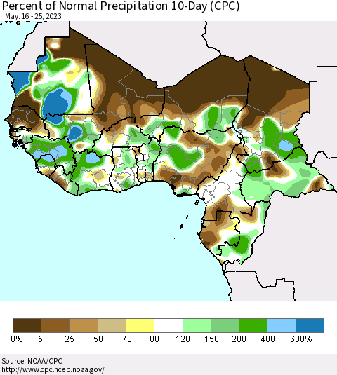 Western Africa Percent of Normal Precipitation 10-Day (CPC) Thematic Map For 5/16/2023 - 5/25/2023