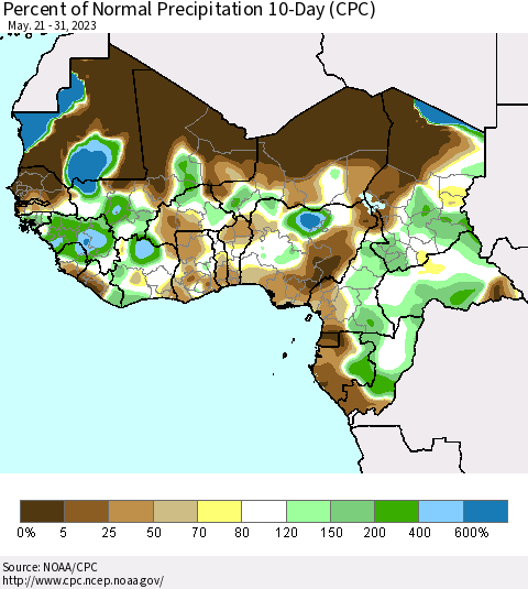 Western Africa Percent of Normal Precipitation 10-Day (CPC) Thematic Map For 5/21/2023 - 5/31/2023