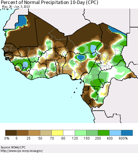 Western Africa Percent of Normal Precipitation 10-Day (CPC) Thematic Map For 5/26/2023 - 6/5/2023