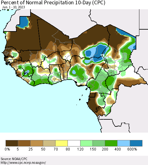 Western Africa Percent of Normal Precipitation 10-Day (CPC) Thematic Map For 6/1/2023 - 6/10/2023