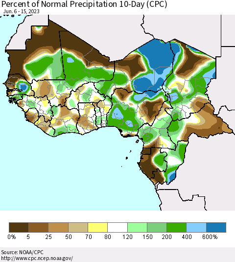 Western Africa Percent of Normal Precipitation 10-Day (CPC) Thematic Map For 6/6/2023 - 6/15/2023