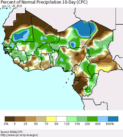 Western Africa Percent of Normal Precipitation 10-Day (CPC) Thematic Map For 6/11/2023 - 6/20/2023