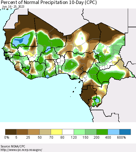 Western Africa Percent of Normal Precipitation 10-Day (CPC) Thematic Map For 6/16/2023 - 6/25/2023