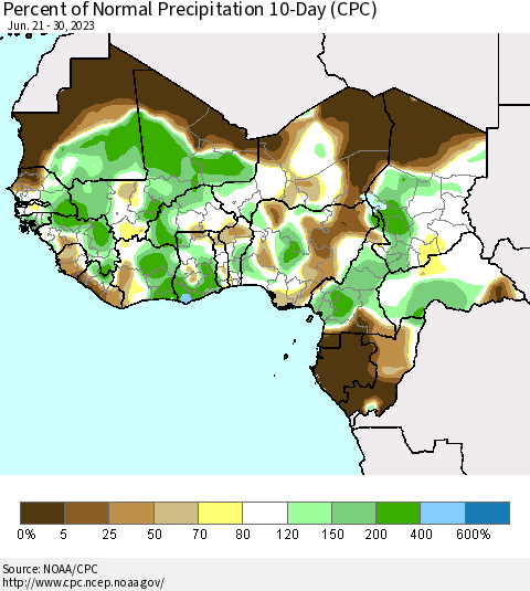 Western Africa Percent of Normal Precipitation 10-Day (CPC) Thematic Map For 6/21/2023 - 6/30/2023