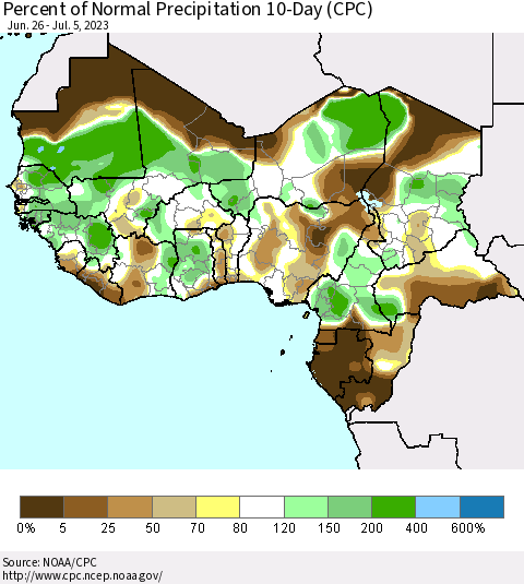 Western Africa Percent of Normal Precipitation 10-Day (CPC) Thematic Map For 6/26/2023 - 7/5/2023