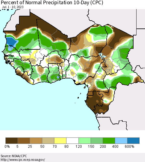 Western Africa Percent of Normal Precipitation 10-Day (CPC) Thematic Map For 7/1/2023 - 7/10/2023