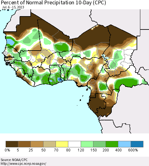 Western Africa Percent of Normal Precipitation 10-Day (CPC) Thematic Map For 7/6/2023 - 7/15/2023