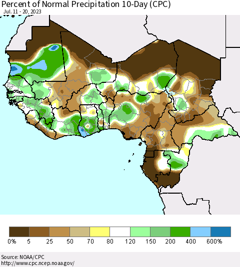 Western Africa Percent of Normal Precipitation 10-Day (CPC) Thematic Map For 7/11/2023 - 7/20/2023