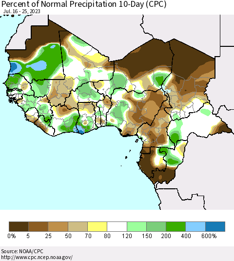 Western Africa Percent of Normal Precipitation 10-Day (CPC) Thematic Map For 7/16/2023 - 7/25/2023