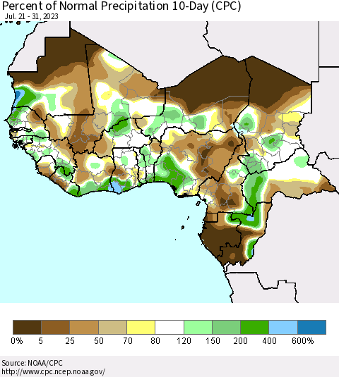 Western Africa Percent of Normal Precipitation 10-Day (CPC) Thematic Map For 7/21/2023 - 7/31/2023