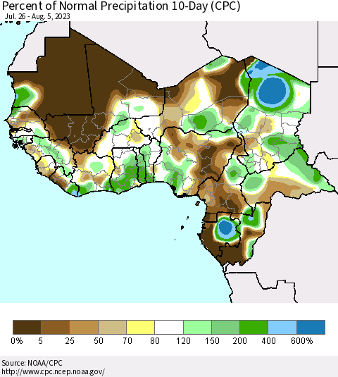 Western Africa Percent of Normal Precipitation 10-Day (CPC) Thematic Map For 7/26/2023 - 8/5/2023