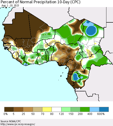 Western Africa Percent of Normal Precipitation 10-Day (CPC) Thematic Map For 8/1/2023 - 8/10/2023