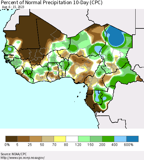 Western Africa Percent of Normal Precipitation 10-Day (CPC) Thematic Map For 8/6/2023 - 8/15/2023