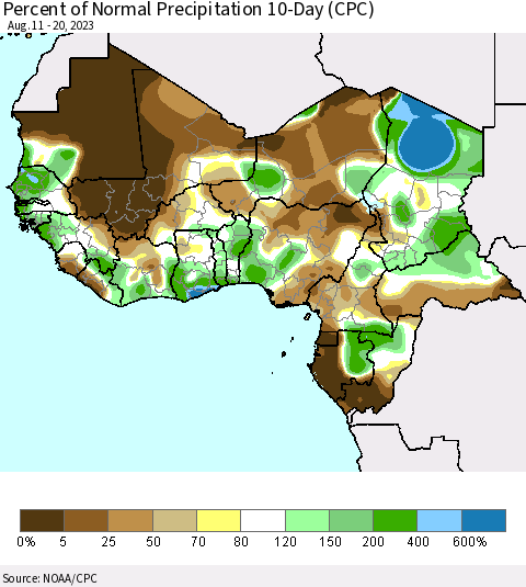 Western Africa Percent of Normal Precipitation 10-Day (CPC) Thematic Map For 8/11/2023 - 8/20/2023