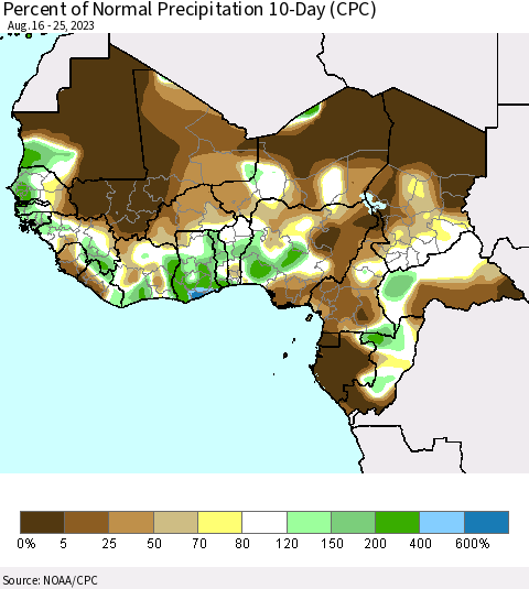 Western Africa Percent of Normal Precipitation 10-Day (CPC) Thematic Map For 8/16/2023 - 8/25/2023