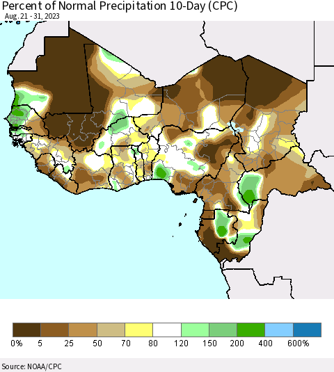 Western Africa Percent of Normal Precipitation 10-Day (CPC) Thematic Map For 8/21/2023 - 8/31/2023