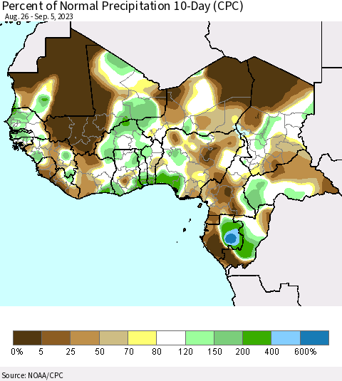 Western Africa Percent of Normal Precipitation 10-Day (CPC) Thematic Map For 8/26/2023 - 9/5/2023