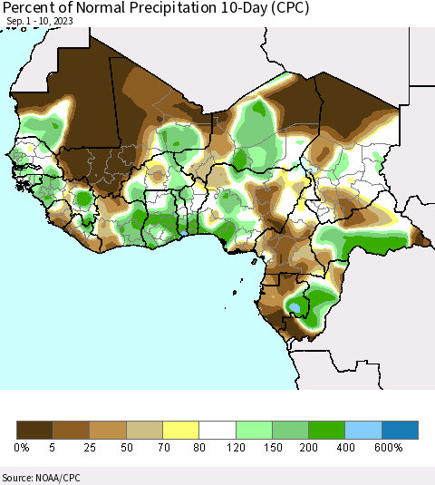 Western Africa Percent of Normal Precipitation 10-Day (CPC) Thematic Map For 9/1/2023 - 9/10/2023