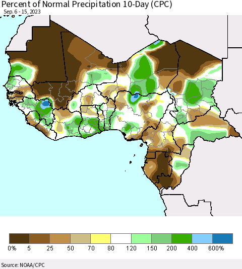 Western Africa Percent of Normal Precipitation 10-Day (CPC) Thematic Map For 9/6/2023 - 9/15/2023