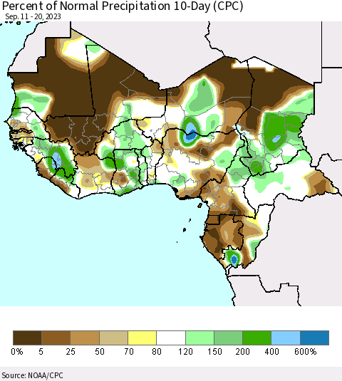 Western Africa Percent of Normal Precipitation 10-Day (CPC) Thematic Map For 9/11/2023 - 9/20/2023