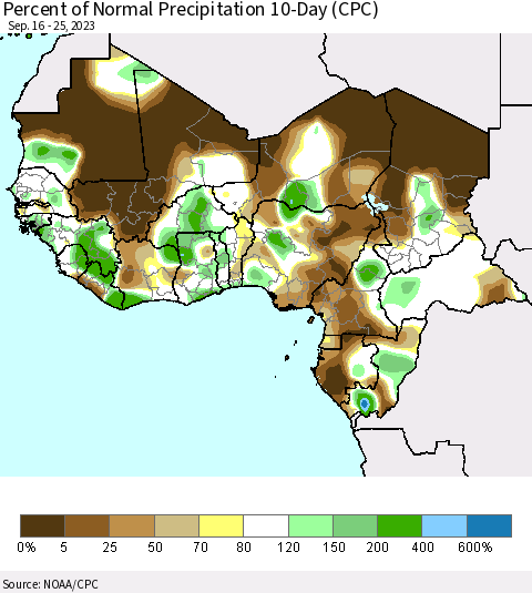 Western Africa Percent of Normal Precipitation 10-Day (CPC) Thematic Map For 9/16/2023 - 9/25/2023