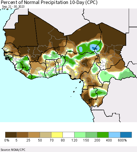 Western Africa Percent of Normal Precipitation 10-Day (CPC) Thematic Map For 9/21/2023 - 9/30/2023