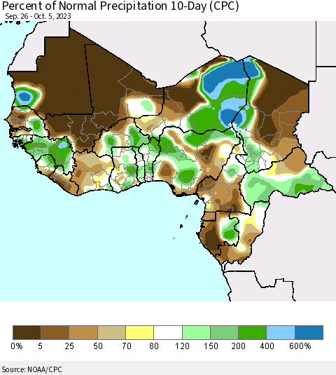 Western Africa Percent of Normal Precipitation 10-Day (CPC) Thematic Map For 9/26/2023 - 10/5/2023