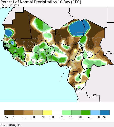 Western Africa Percent of Normal Precipitation 10-Day (CPC) Thematic Map For 10/1/2023 - 10/10/2023