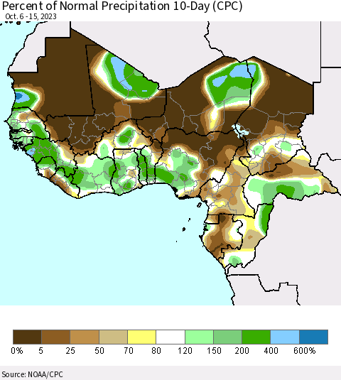 Western Africa Percent of Normal Precipitation 10-Day (CPC) Thematic Map For 10/6/2023 - 10/15/2023
