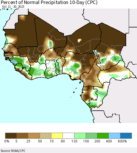 Western Africa Percent of Normal Precipitation 10-Day (CPC) Thematic Map For 10/11/2023 - 10/20/2023
