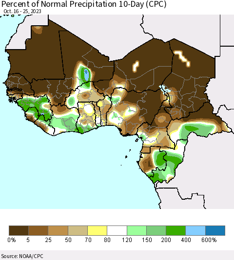 Western Africa Percent of Normal Precipitation 10-Day (CPC) Thematic Map For 10/16/2023 - 10/25/2023