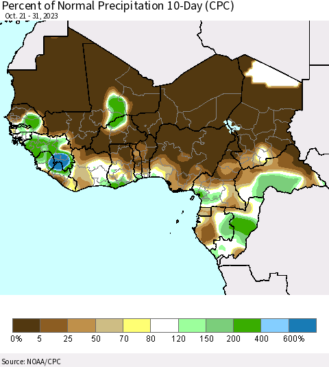 Western Africa Percent of Normal Precipitation 10-Day (CPC) Thematic Map For 10/21/2023 - 10/31/2023