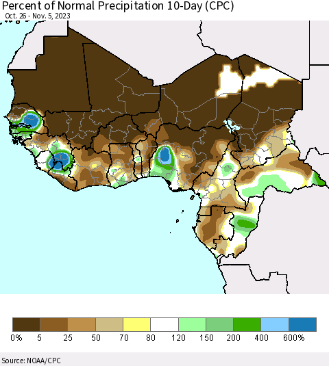 Western Africa Percent of Normal Precipitation 10-Day (CPC) Thematic Map For 10/26/2023 - 11/5/2023