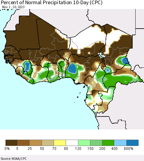 Western Africa Percent of Normal Precipitation 10-Day (CPC) Thematic Map For 11/1/2023 - 11/10/2023