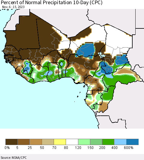 Western Africa Percent of Normal Precipitation 10-Day (CPC) Thematic Map For 11/6/2023 - 11/15/2023